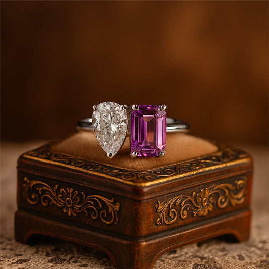 Two Stone Toi Et Moi Ring With Pear Diamond And Purple Emerald Cut Sapphire - Diiro Engagement Jewelry