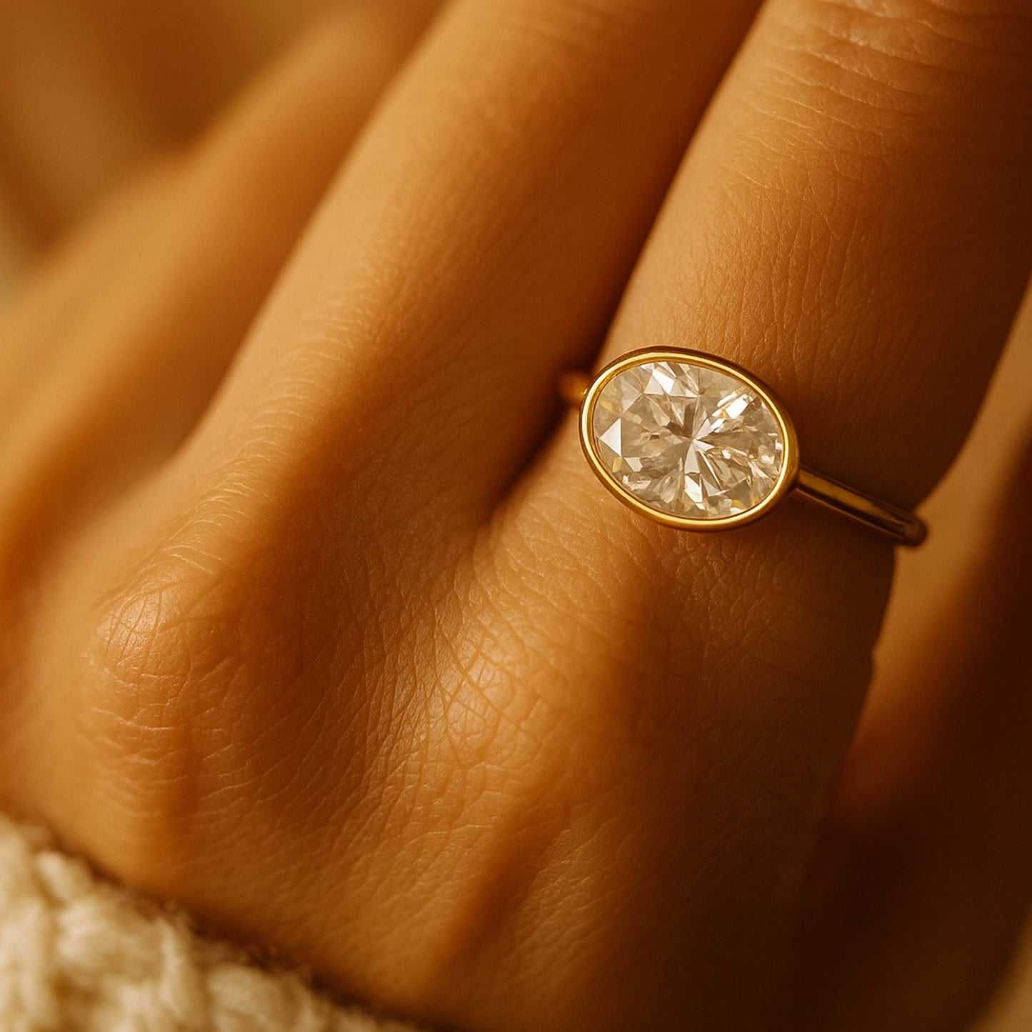 Delicate Gold Oval Bezel Set Moissanite Ring Symbolizing April Birthstone Perfect For Proposal Gift
