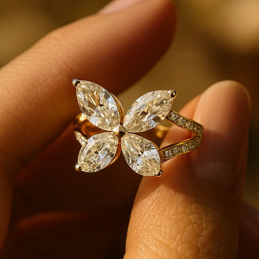 Unique Floral Moissanite Ring In White Gold With Marquise Cut Stones, Showcasing Diamond-Like Brilliance And Elegant Craftsmanship