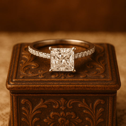 VVS1 Princess Cut Moissanite Engagement Ring Featuring Pave Band Detail, Timeless Gold Wedding Ring Shown In Soft Velvet Holder