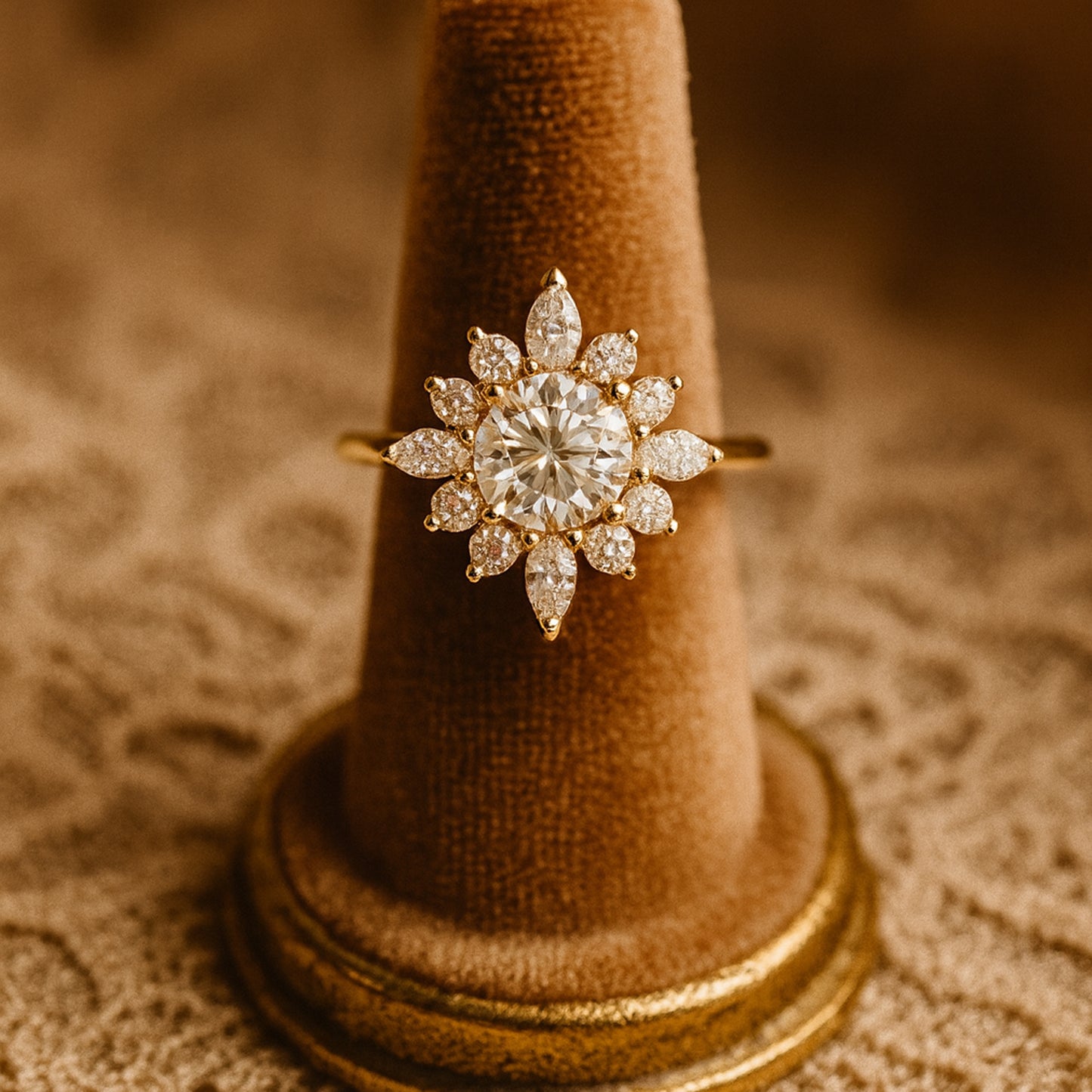 Elegant Moissanite Wedding Ring With Round And Marquise Diamond-Like Stones In A Floral Design, Set In Yellow Gold.