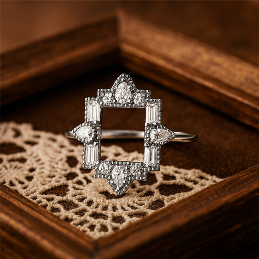 Elegant Diamond Geometric Frame Ring For Women