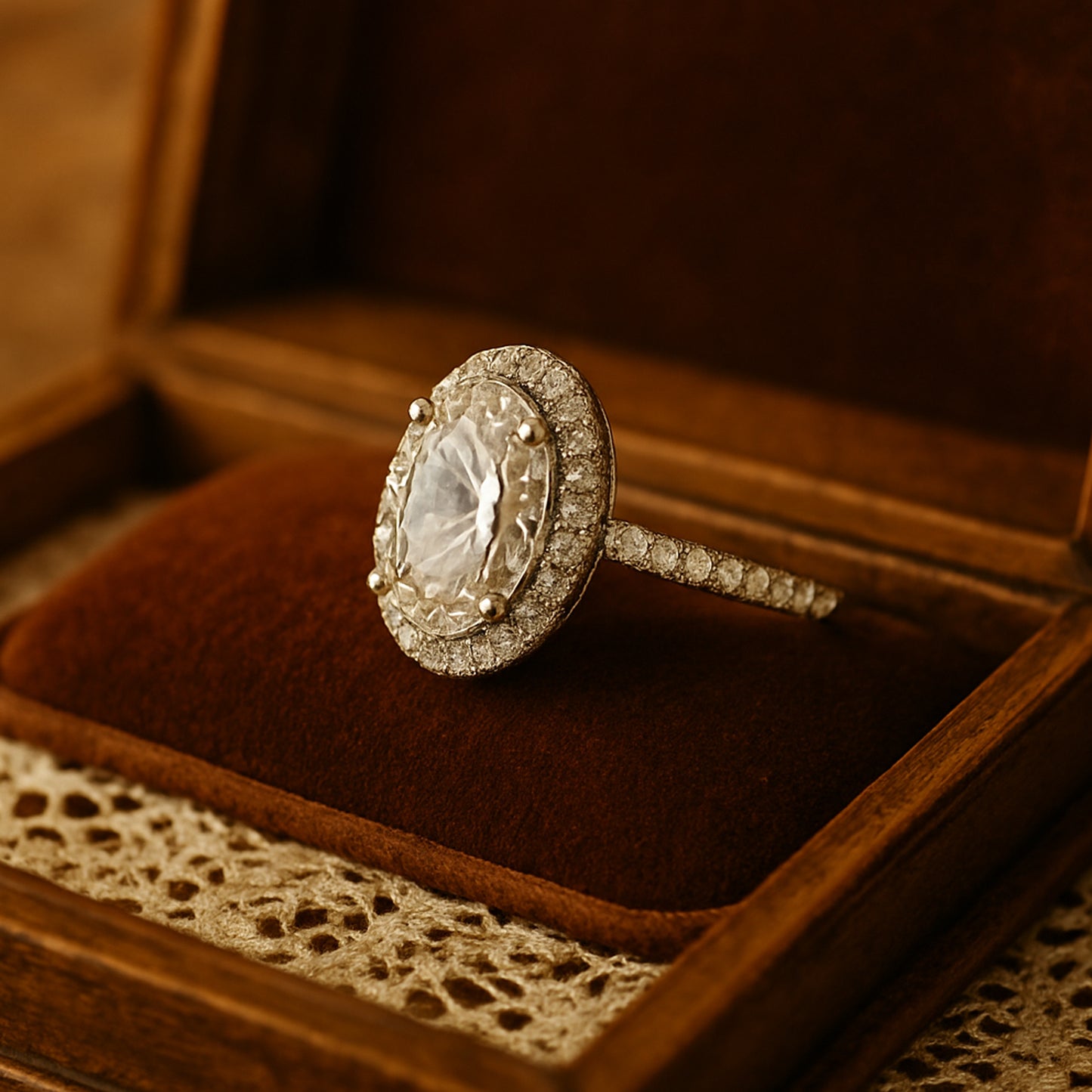 Oval Halo Vintage Moissanite Engagement Ring With Pave Eternity Band And Diamond Inspired Setting