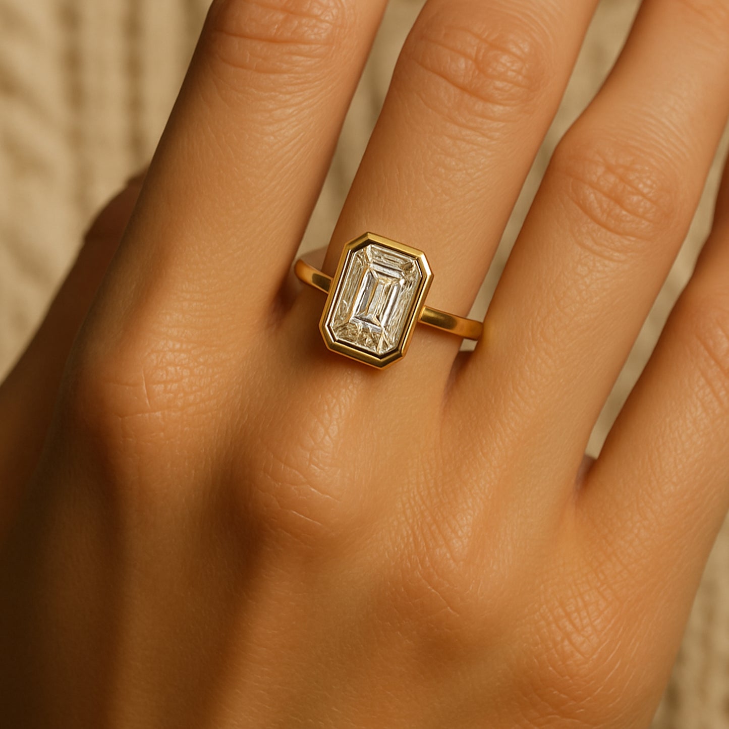 Luxurious Women's Emerald Cut Moissanite Engagement Ring, Bezel Set For Sleek And Secure Elegance