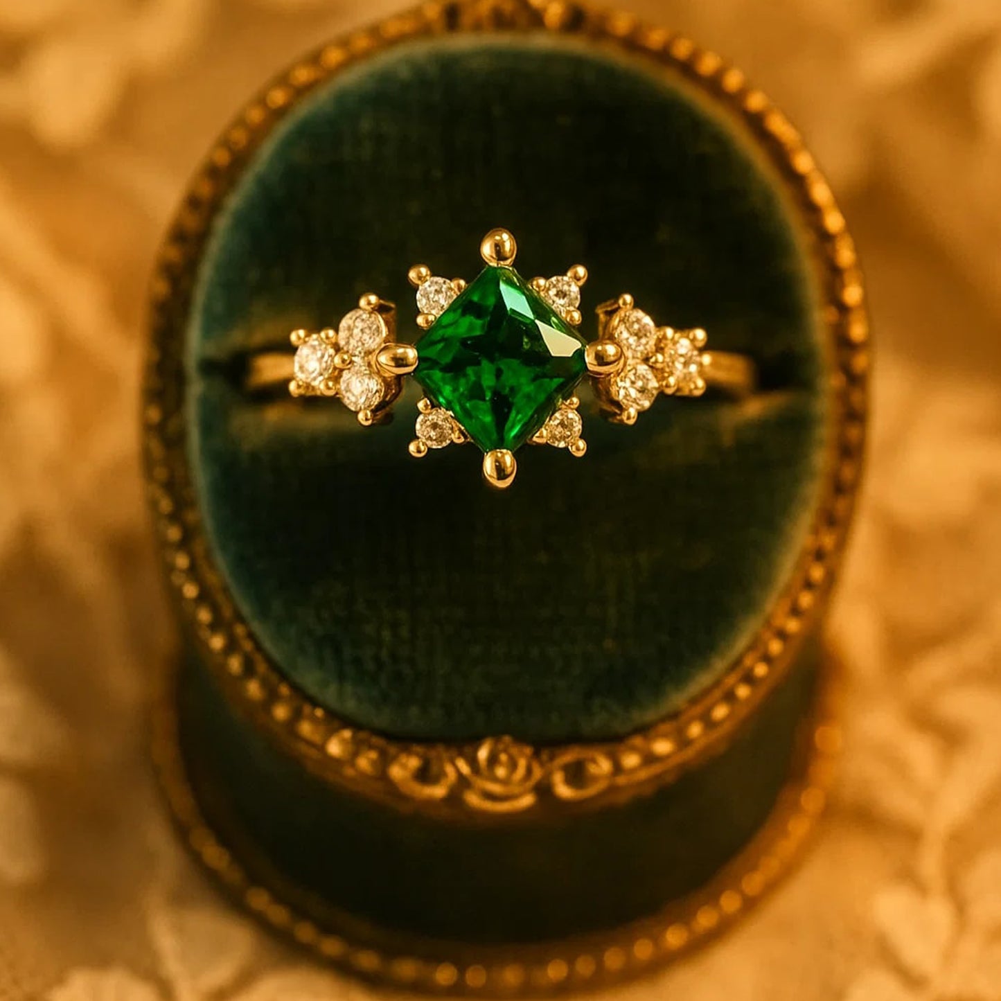 Princess Cut Green Emerald Engagement Ring In 18K Yellow Gold Featuring Radiant Center Gemstone.