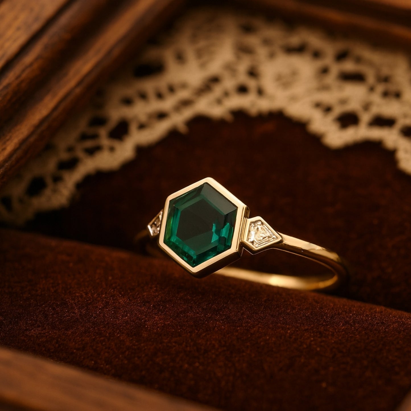 Hexagon Cut Green Emerald Birthstone Ring, Fine Gemstone Jewelry With Diamond Halo And Elegant Design