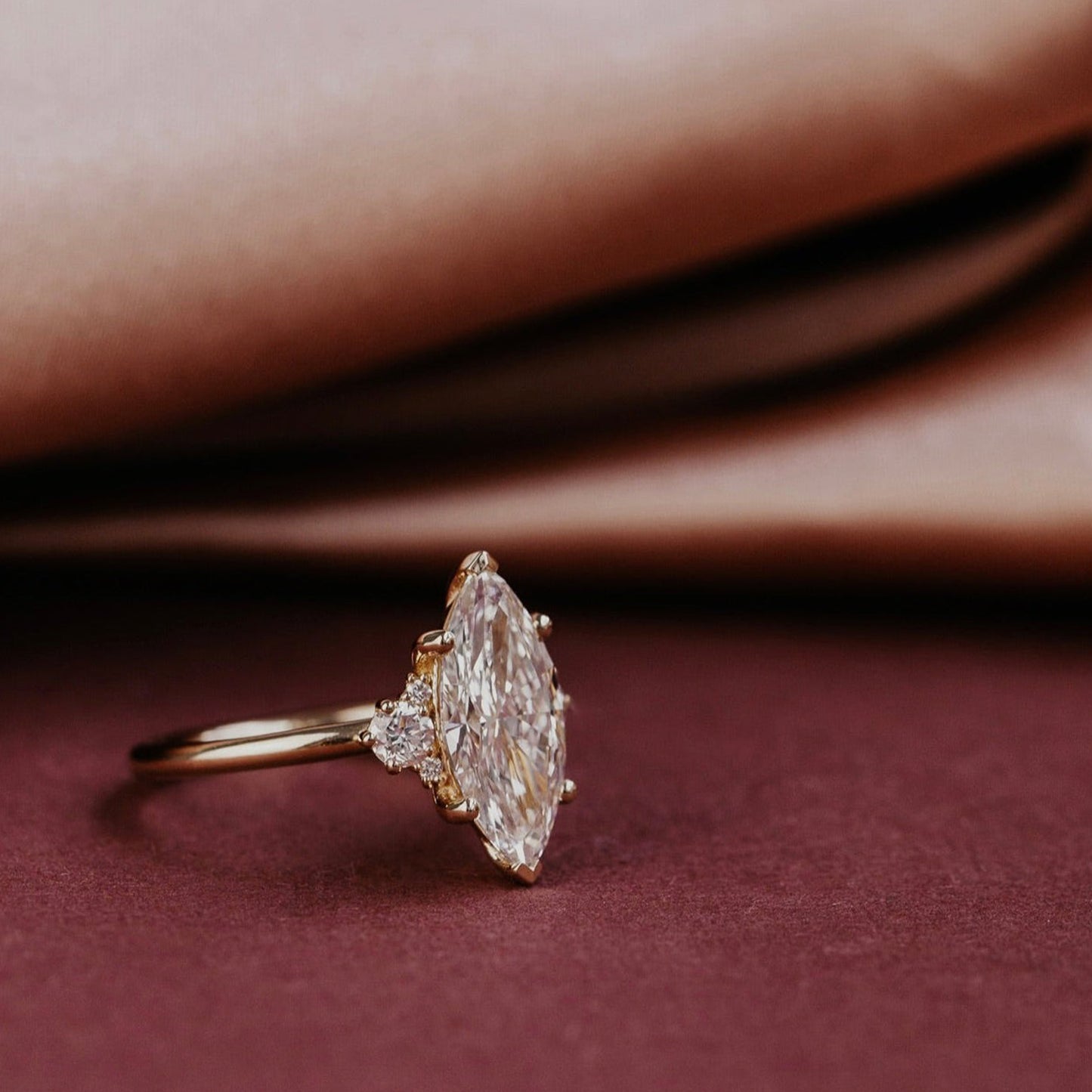Moissanite Three-Stone Marquise Ring, Trio Gold Engagement Wedding Fine Jewelry With Past Present Future