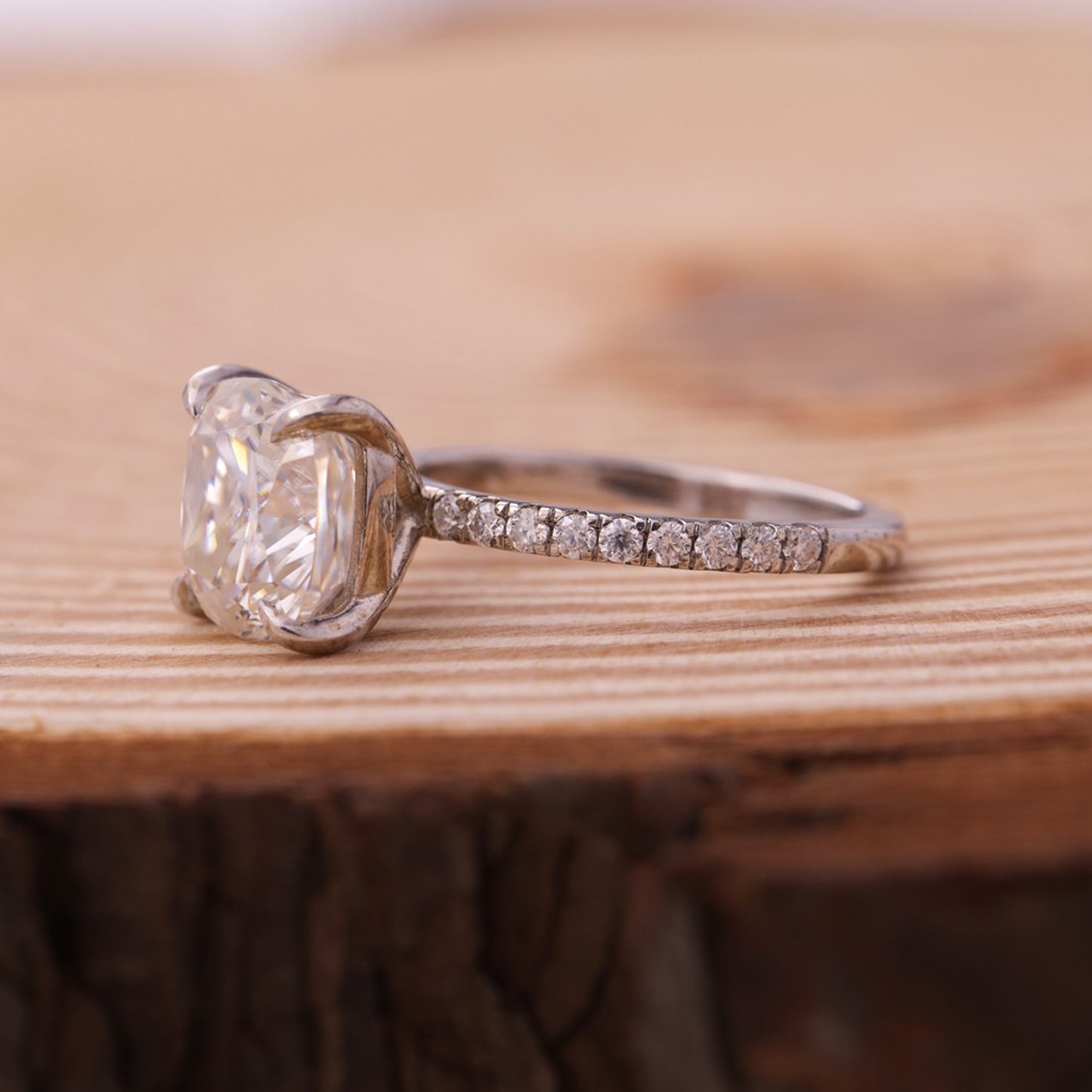 Moissanite Cushion Cut Pave Ring, 14K Gold Engagement Fine Jewelry With Elegant Sparkle