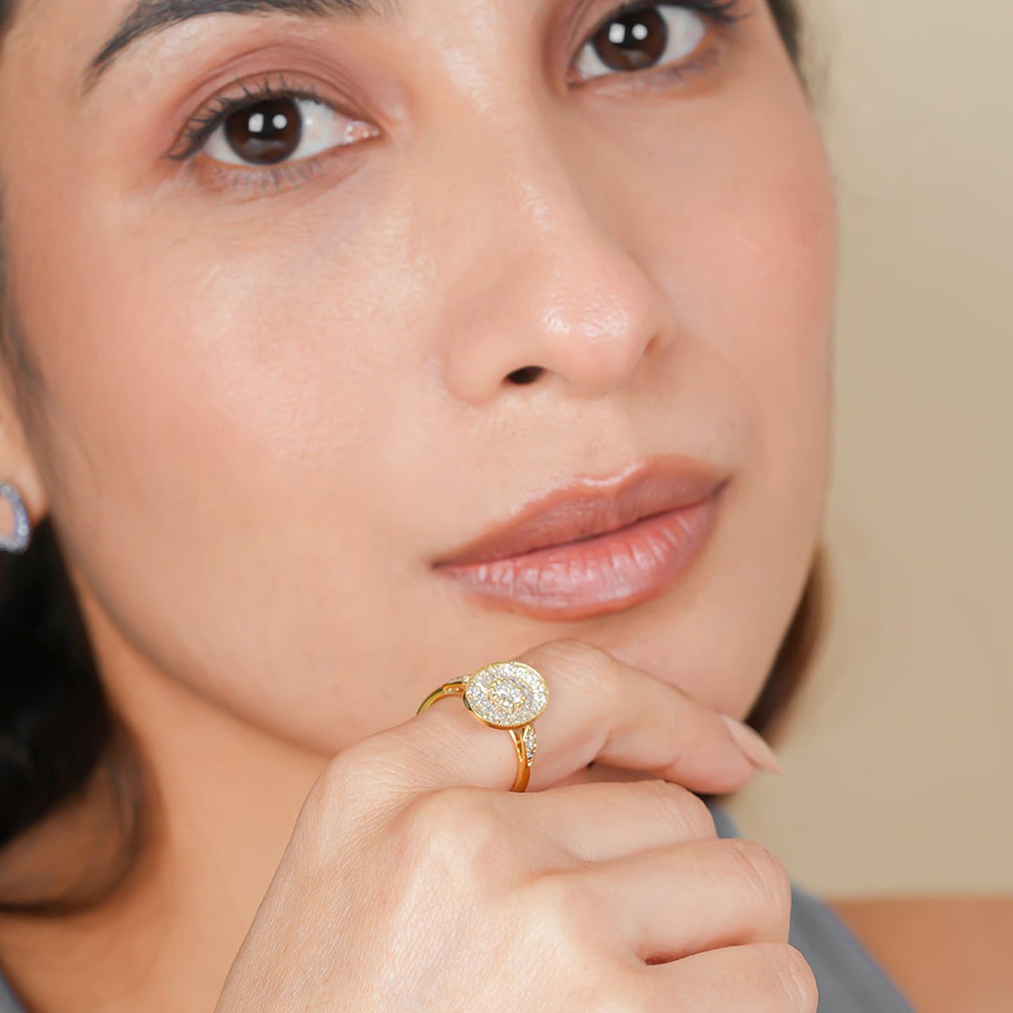 Elegant Round Moissanite Ring, Cluster Halo Yellow Gold Engagement Fine Jewelry