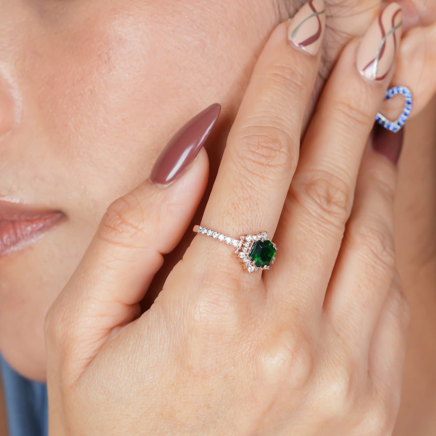 Moissanite Green Stone Halo Ring, Rose Gold Engagement Fine Jewelry With Unique Accent