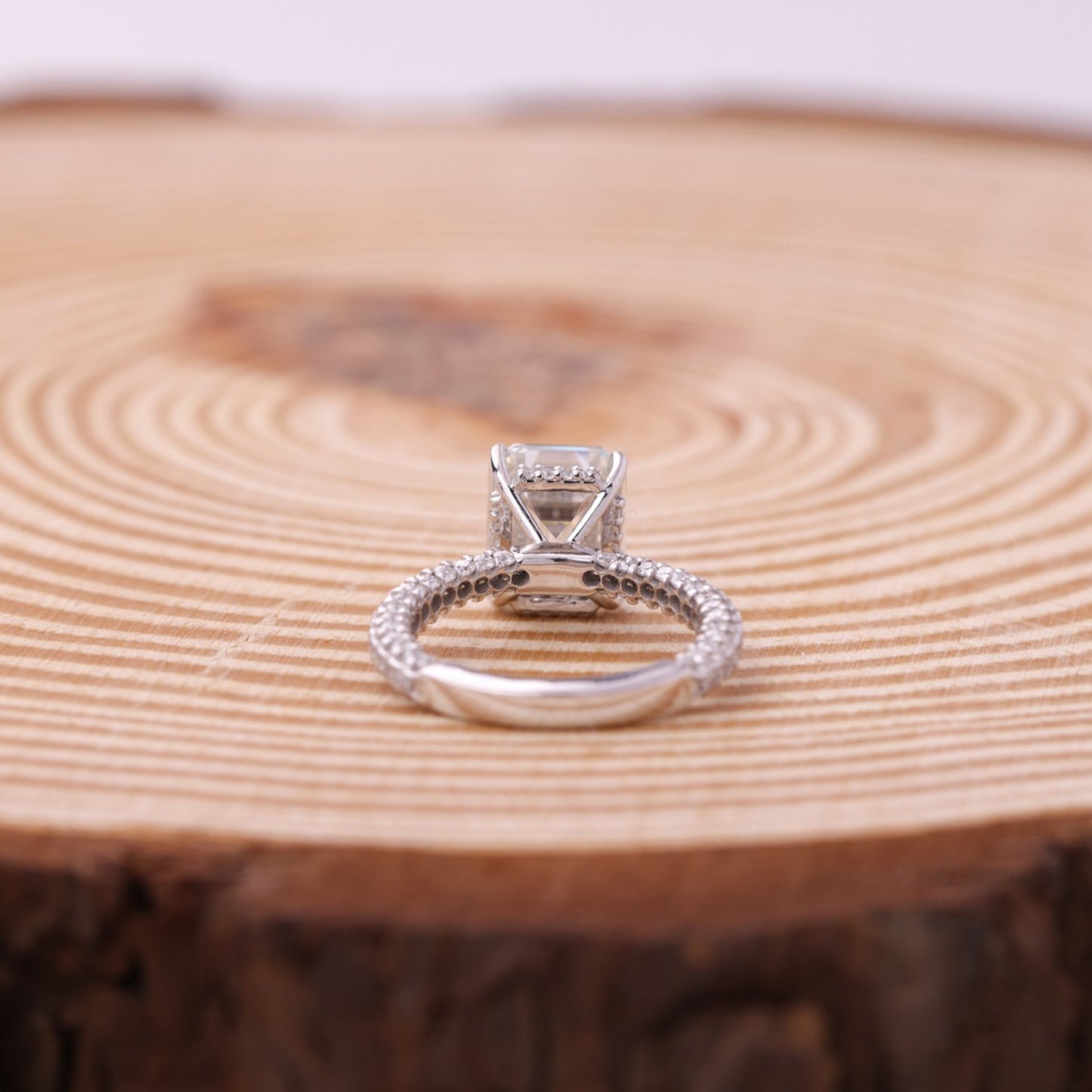 Moissanite Pavé Ring, Emerald Cut White Gold Engagement Fine Jewelry With Beauty