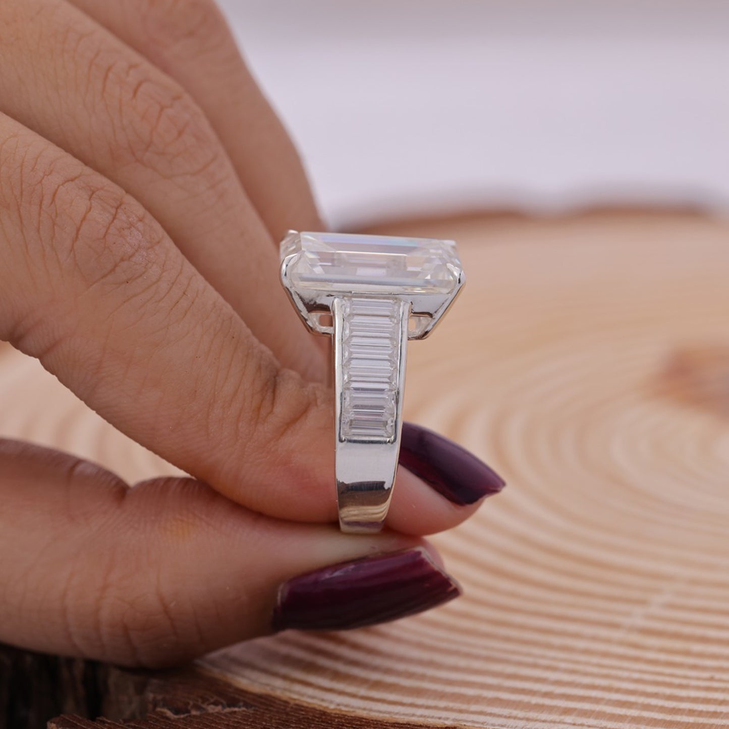 Half Eternity Emerald Ring, Moissanite Baguette Sides 14K Gold Engagement Fine Jewelry With Style