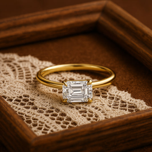Emerald Cut Diamond Solitaire Ring Close-Up – Step Cut Faceting Premium Quality Handmade by Diiro