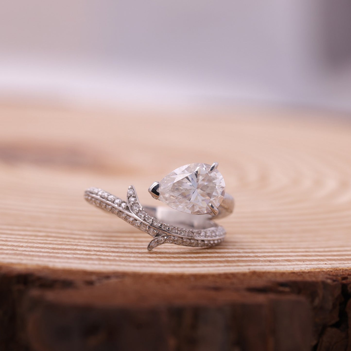 Elegant Pear Moissanite Ring, Cluster Setting 10K Gold Engagement Fine Jewelry