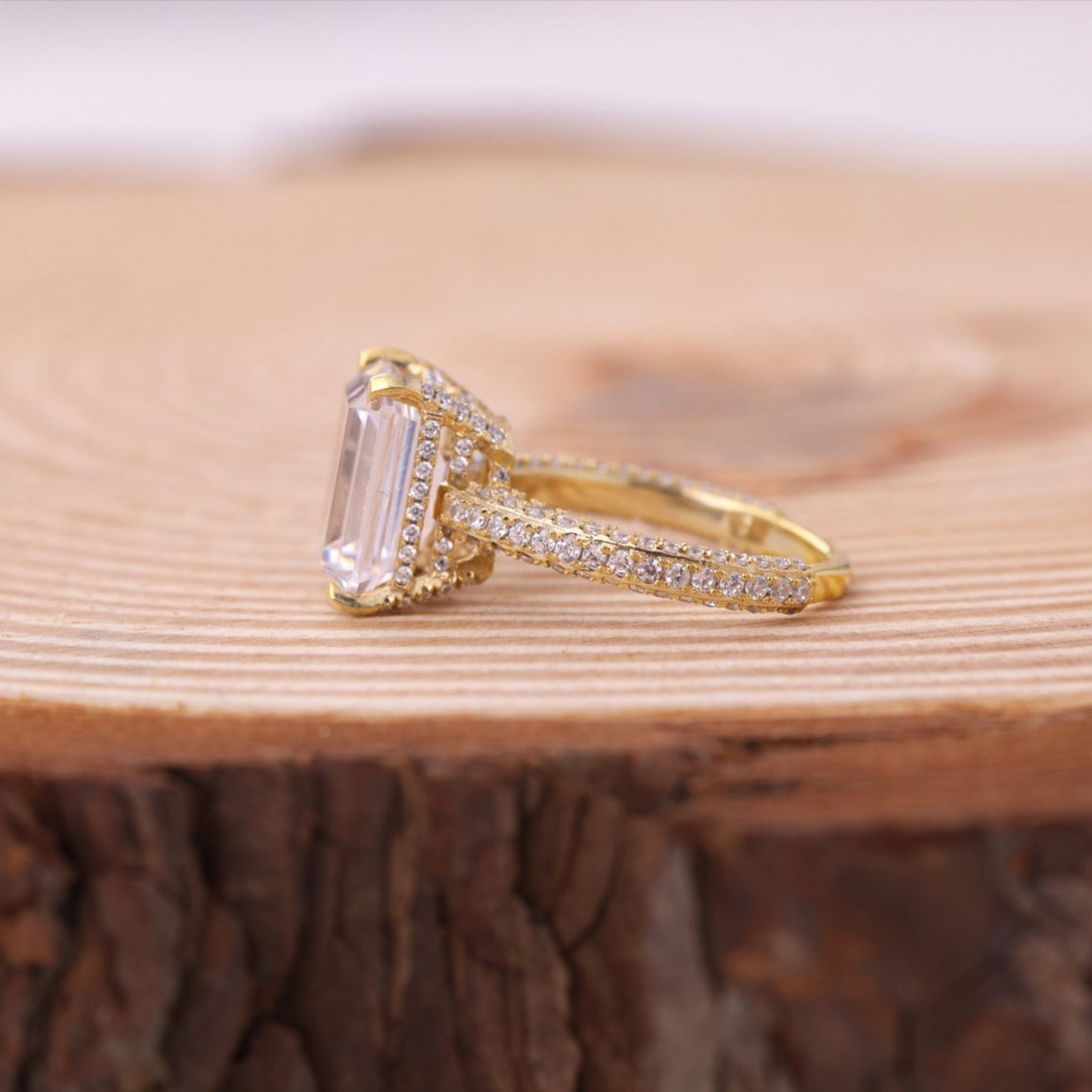 Engagement Emerald Cut Ring, Moissanite Pavé Band Rose Gold Fine Jewelry With Romance