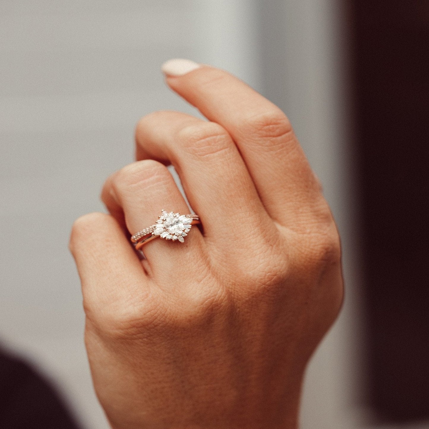 Elegant Oval Cut Ring, Moissanite Marquise & Baguette 14K Gold Engagement Fine Jewelry
