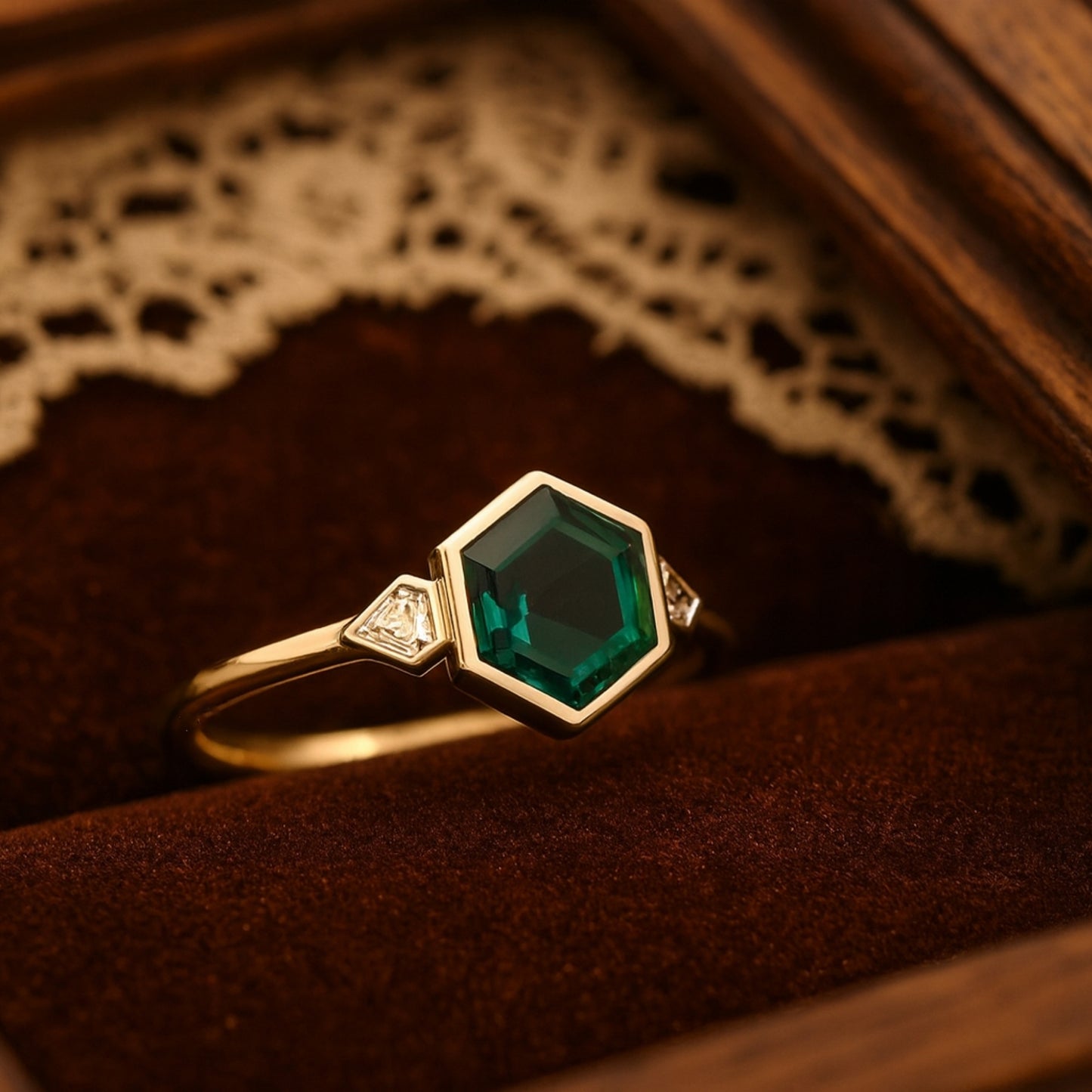 Green Emerald Hexagon Cut Ring With Diamond Accents, Birthstone Fine Gemstone Jewelry And Elegant Halo Setting