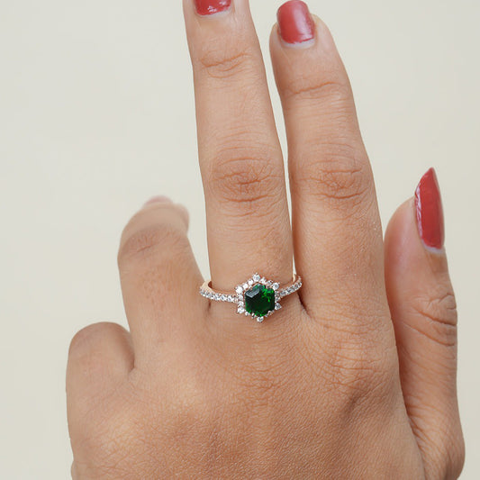 Rose Gold Green Stone Ring, Moissanite Halo Engagement Fine Jewelry With Brilliant Design