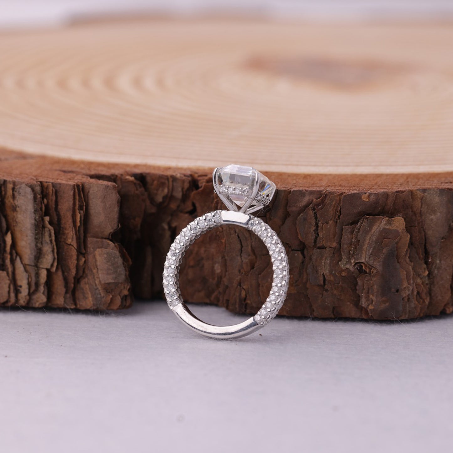 Elegant Emerald Moissanite Ring, Pavé Band White Gold Engagement Fine Jewelry