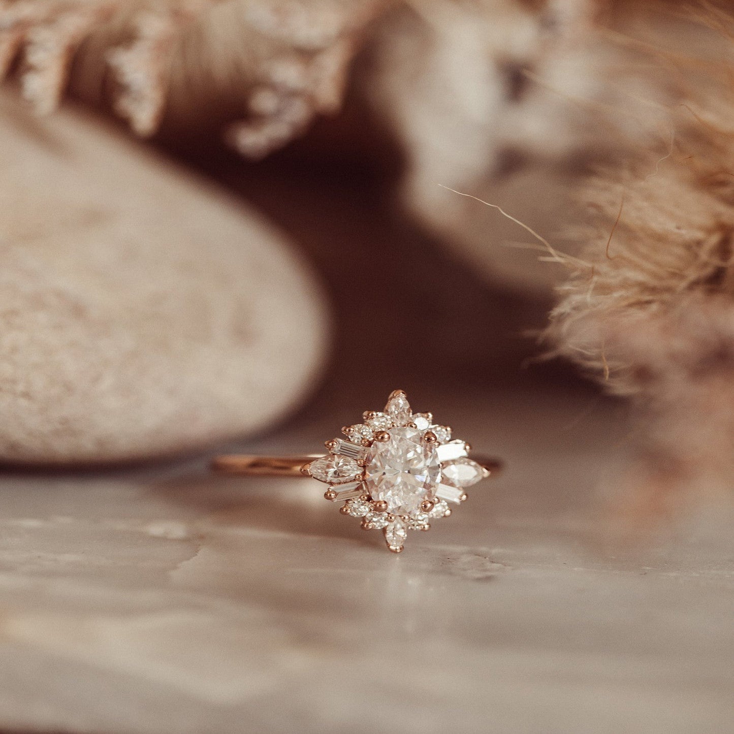 Oval Cut 14K Gold Ring, Moissanite Marquise & Baguette Engagement Fine Jewelry With Elegance