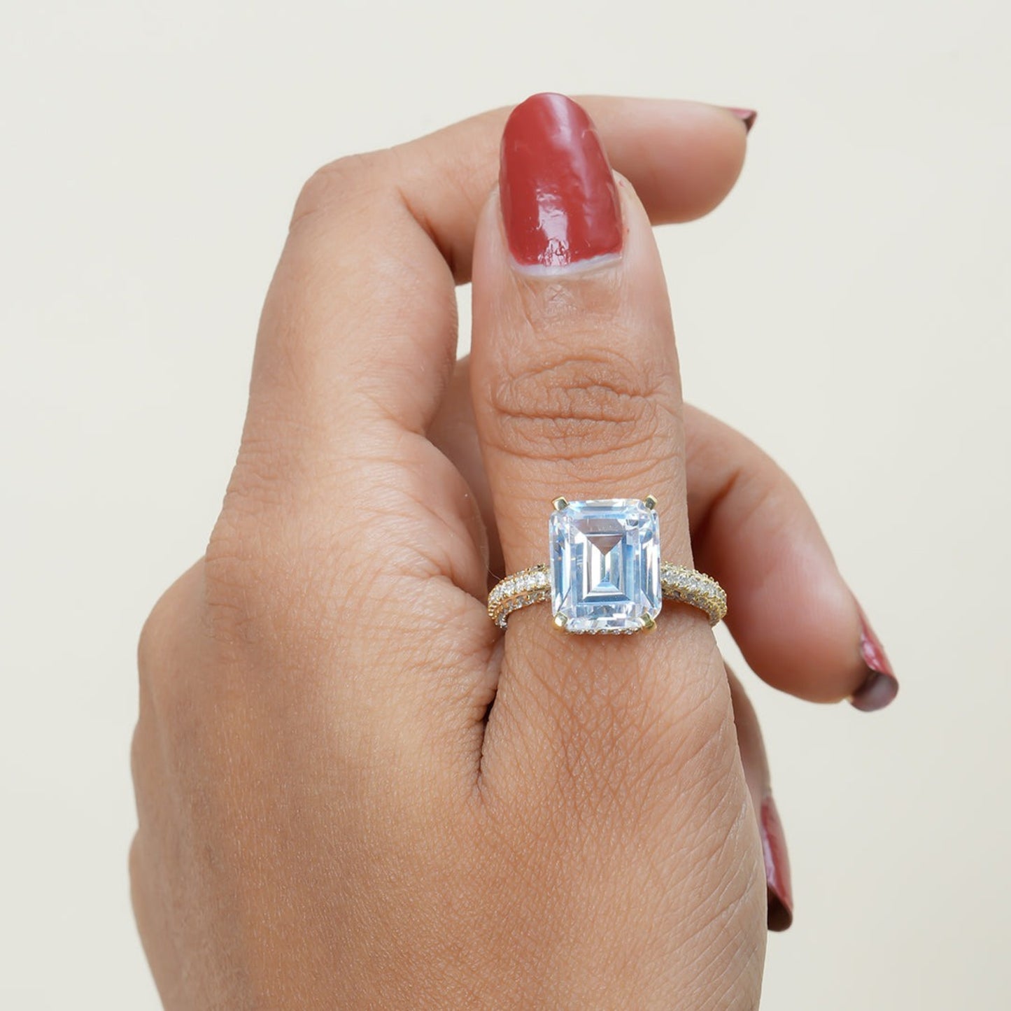 Moissanite Emerald Engagement Ring, Pavé Band Rose Gold Fine Jewelry With Brilliance