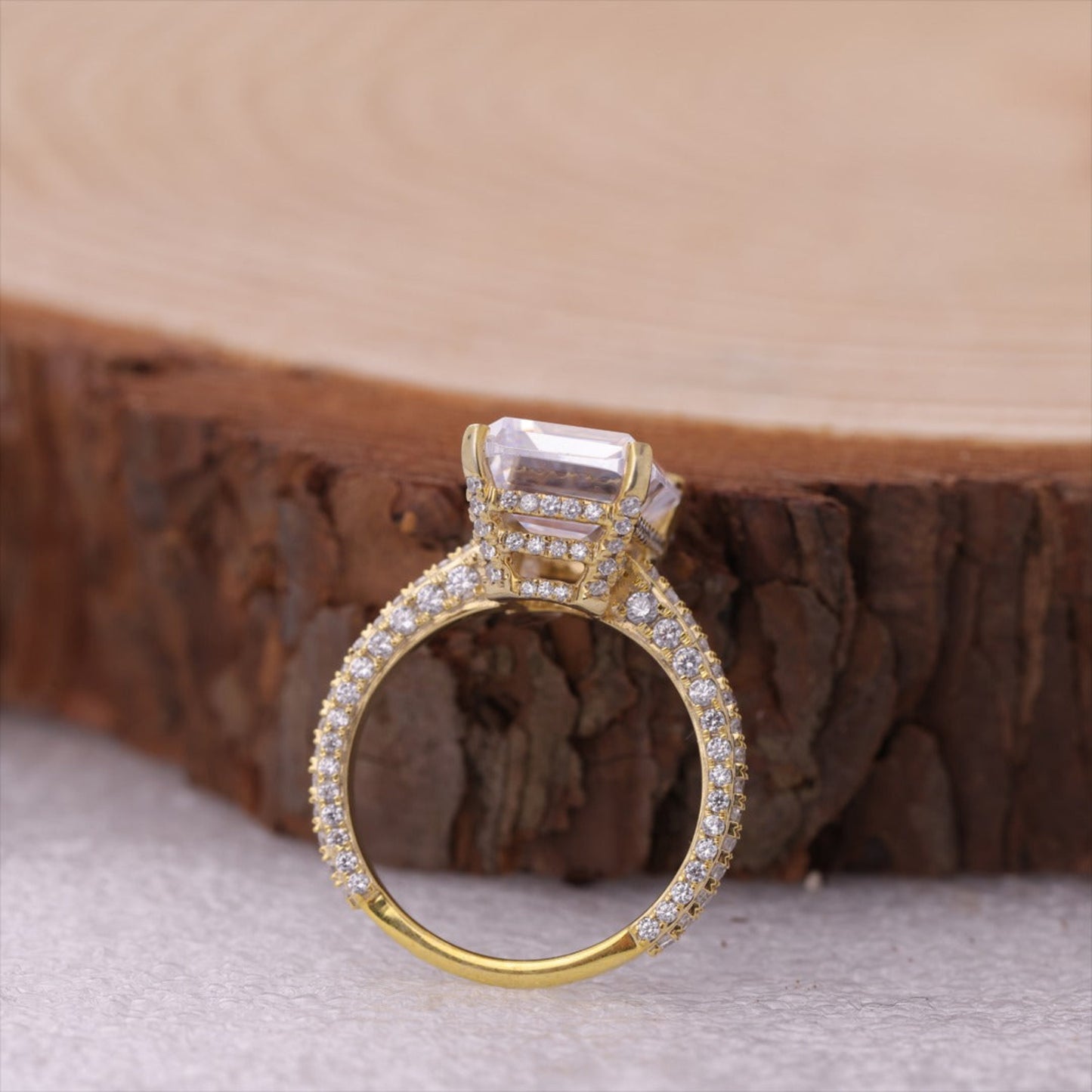 Emerald Cut Pavé Moissanite Ring, Rose Gold Engagement Fine Jewelry With Glamour