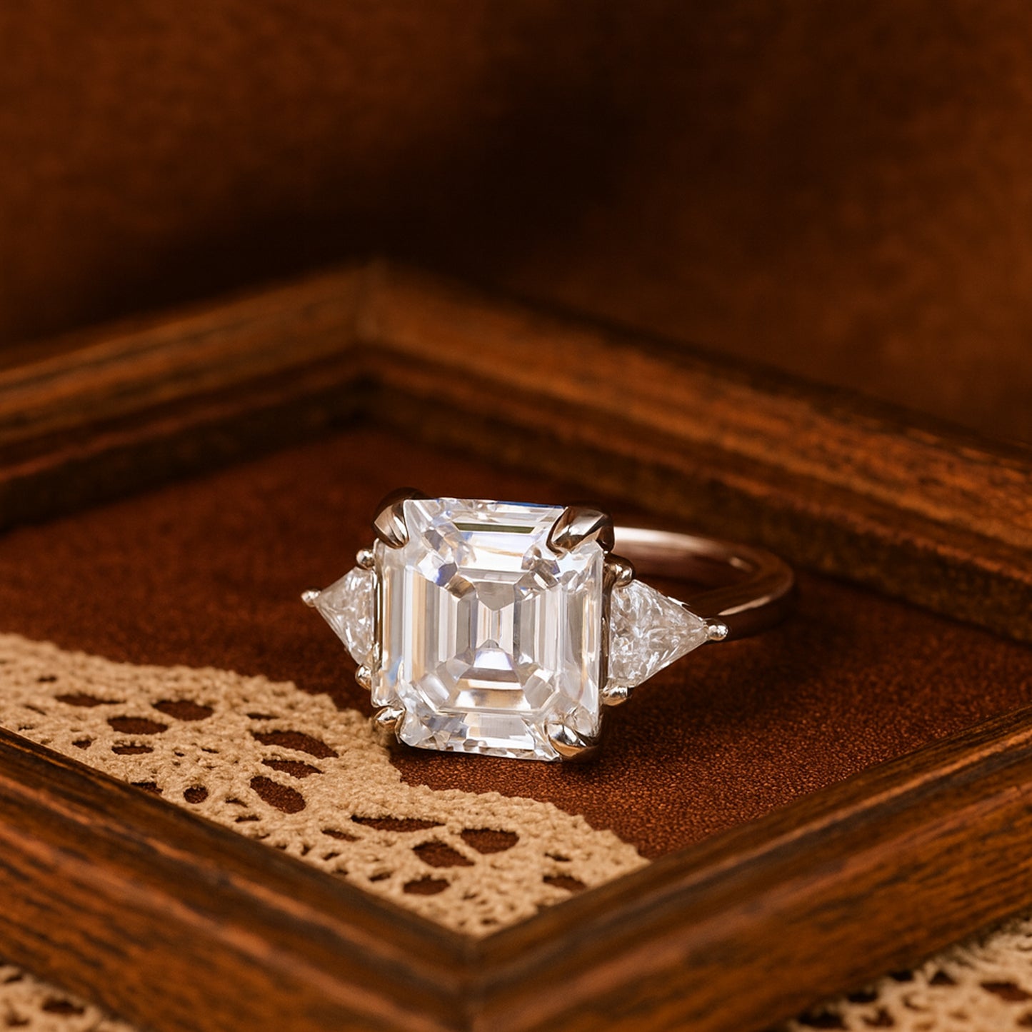 July Birthstone Asscher Cut Ring With Trapezoid Side Accents - Square Cut Engagement Ring For Women Wedding Bridal Jewelry