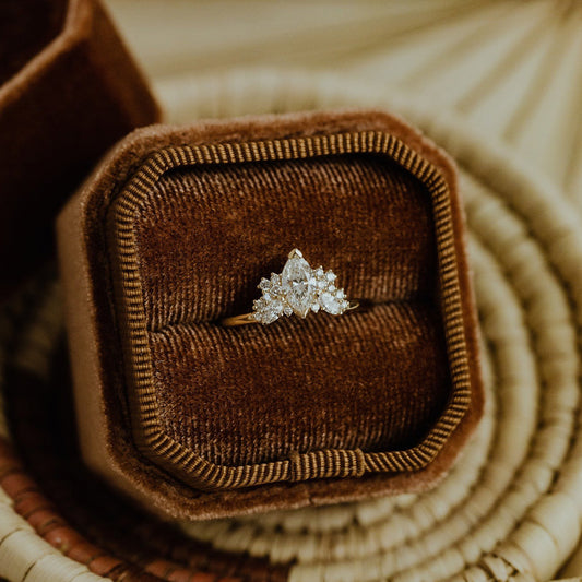 Moissanite Marquise Cluster Ring, Gold Engagement Promise Wedding Fine Jewelry With Dramatic Design