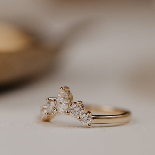 Women's V-Shape Wedding Band, Marquise Round Moissanite Gold Bridal Ring Fine Jewelry With Chevron Design