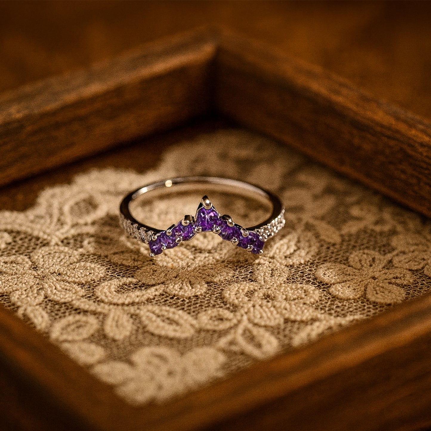 V-Shaped Purple Sapphire Stackable Wedding Band – Elegant Colored Gemstone Ring for Anniversary or Bridal