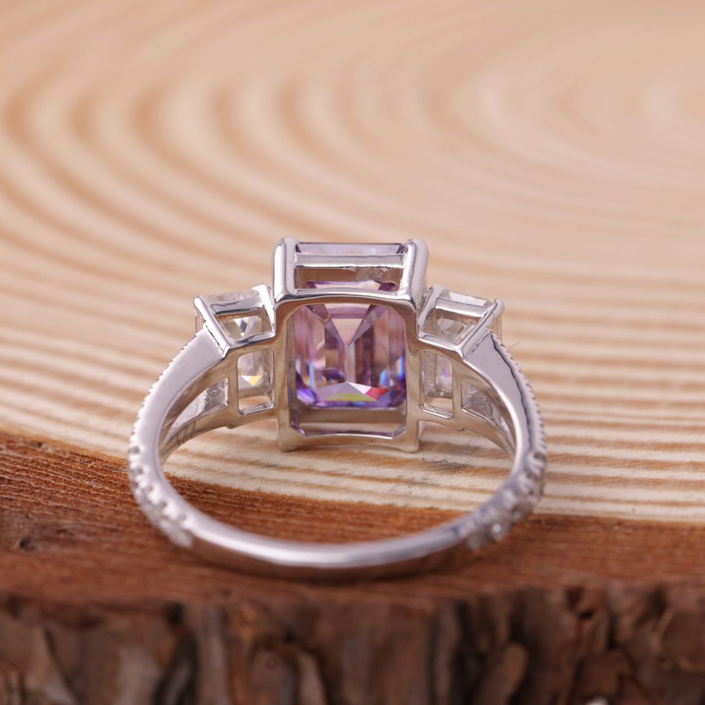 Three-Stone Purple Ring, Moissanite White Gold Engagement Fine Jewelry February Birthstone Band