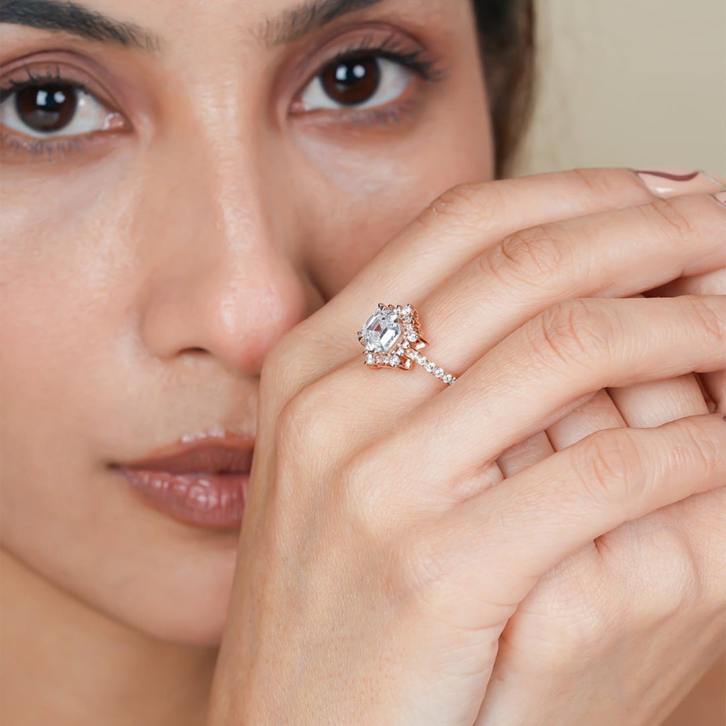 Asscher Moissanite Ring, 1ct Hexagon Halo Rose Gold Engagement Fine Jewelry With Sparkle