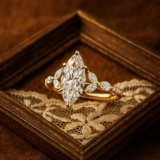Elegant Female Engagement Ring Featuring Marquise Moissanite And Sparkling Side Accents