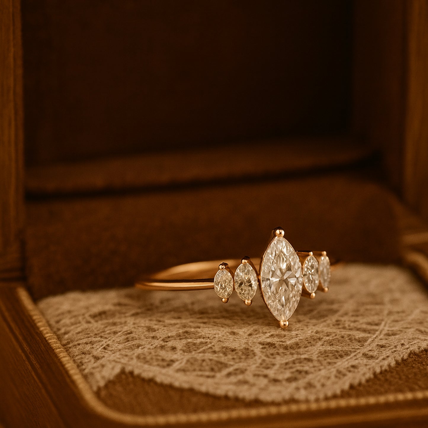 Wedding Band Five Stone Marquise Cut Ring Anniversary Bridal Gift Jewelry Love Engagement Proposal