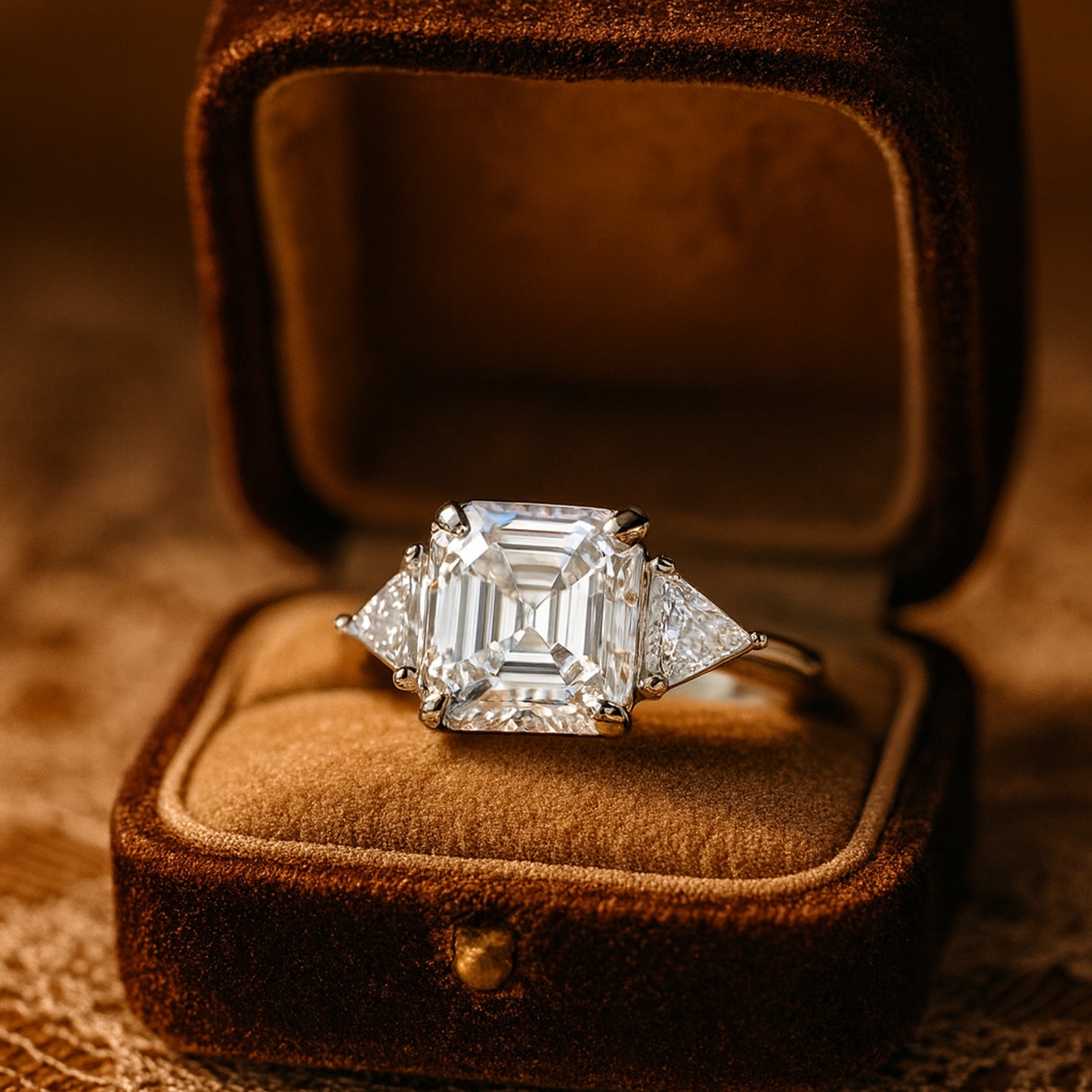 Vintage Asscher Cut July Birthstone Engagement Ring - Trapezoid Three Stone Wedding Ring For Anniversary Proposal Special Occasion