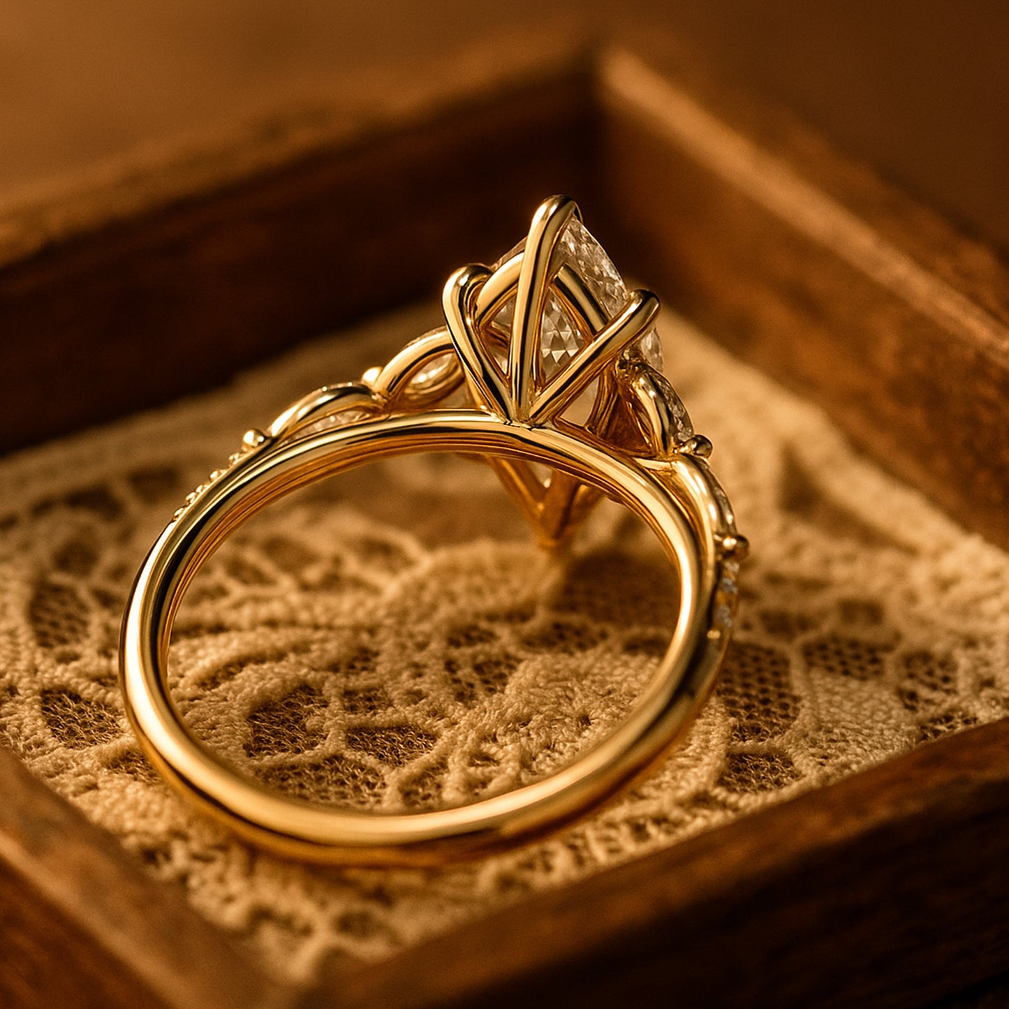 Female Engagement Ring With Marquise Cut Moissanite Center And Brilliant Side Stone Accents