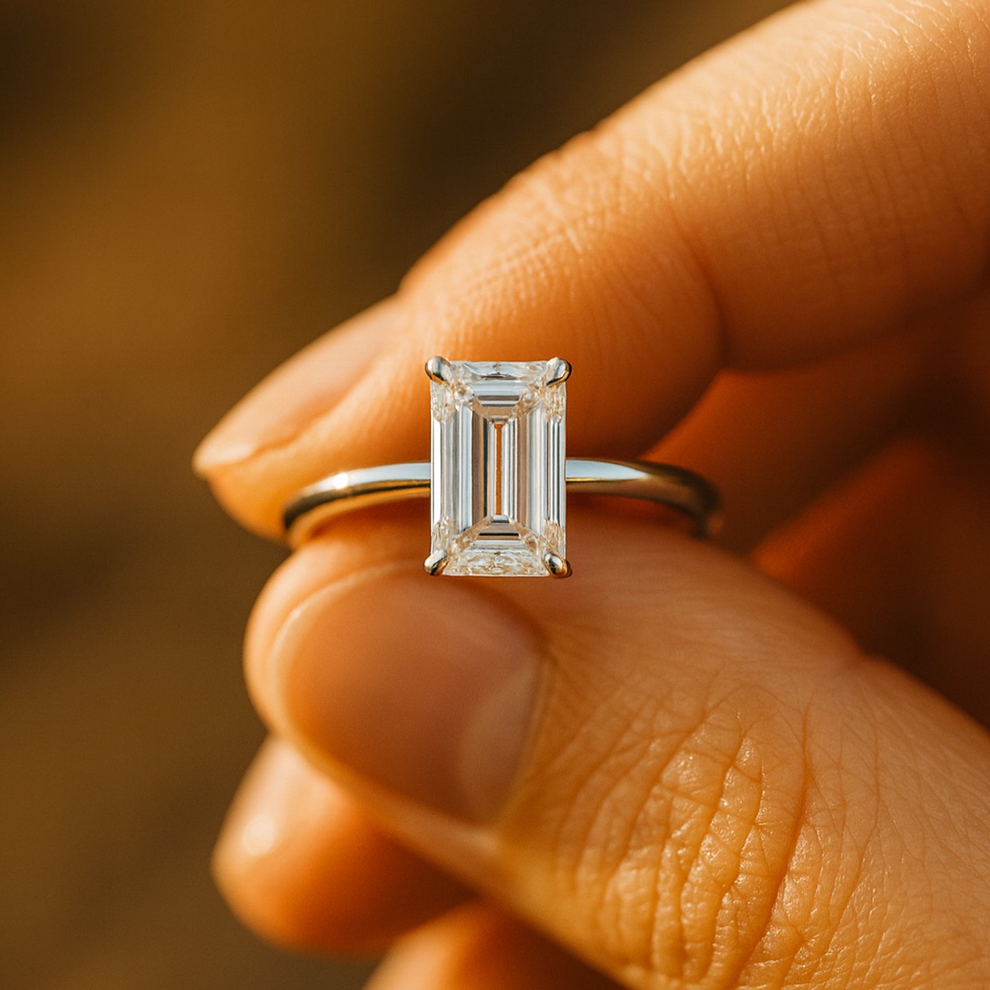 Minimalist Female Engagement Ring Emerald Cut Moissanite Solitaire With Polished Gold Band