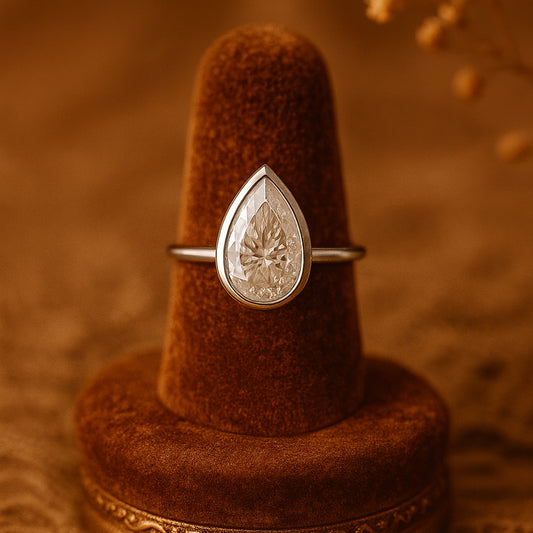 Ladies White Gold Pear Cut Bezel Set Moissanite Ring, Simple Solitaire Style For Daily Or Bridal Wear