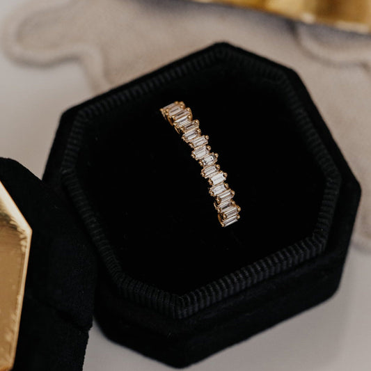 September Birthstone Baguette Band, Moissanite Yellow Gold Eternity Wedding Ring Fine Jewelry