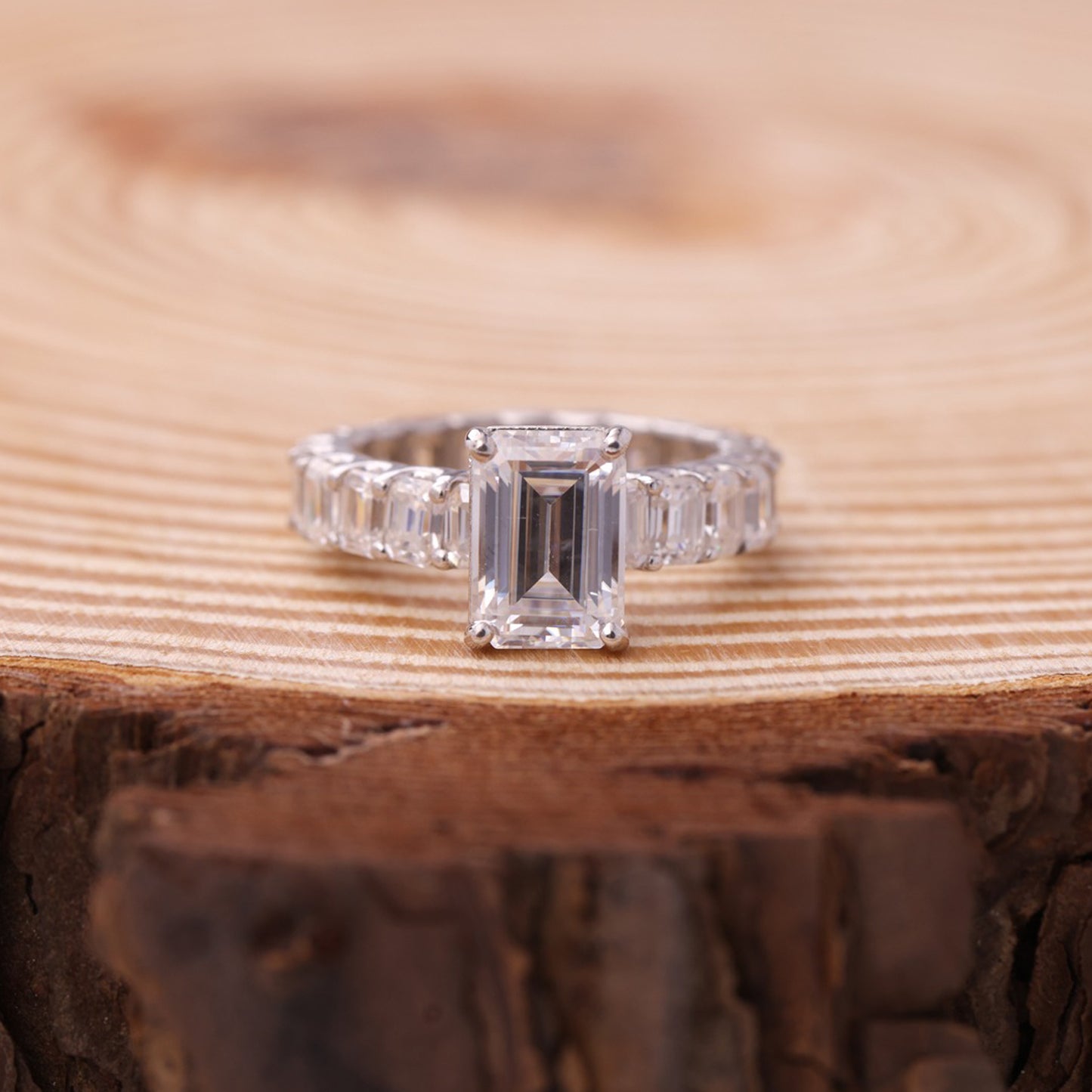 Three Stone Emerald Ring, Moissanite Baguette Sides Engagement Fine Jewelry With Style
