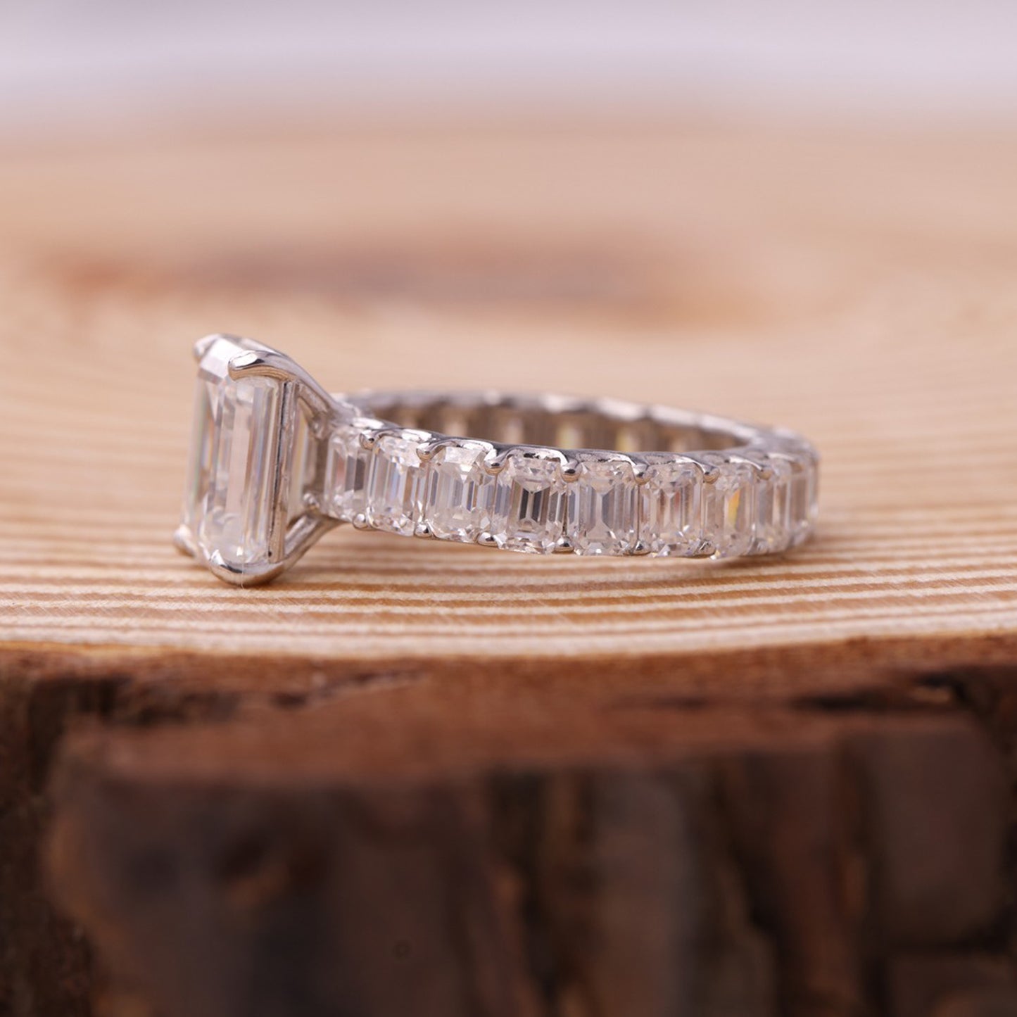 Engagement Emerald Cut Ring, Moissanite Baguette Side Stones Fine Jewelry With Romance