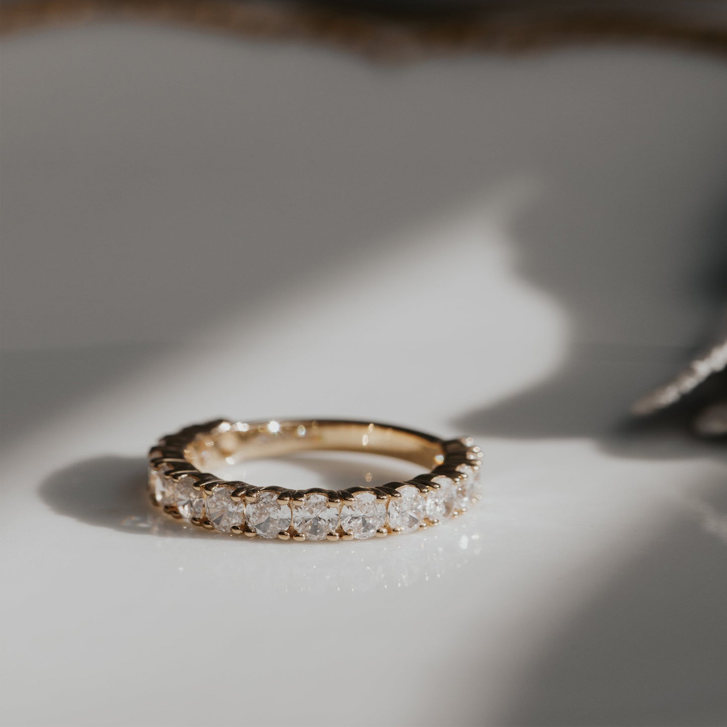 Moissanite Oval Eternity Band Ring, 14K Yellow Gold Wedding Fine Jewelry With Continuous Sparkle