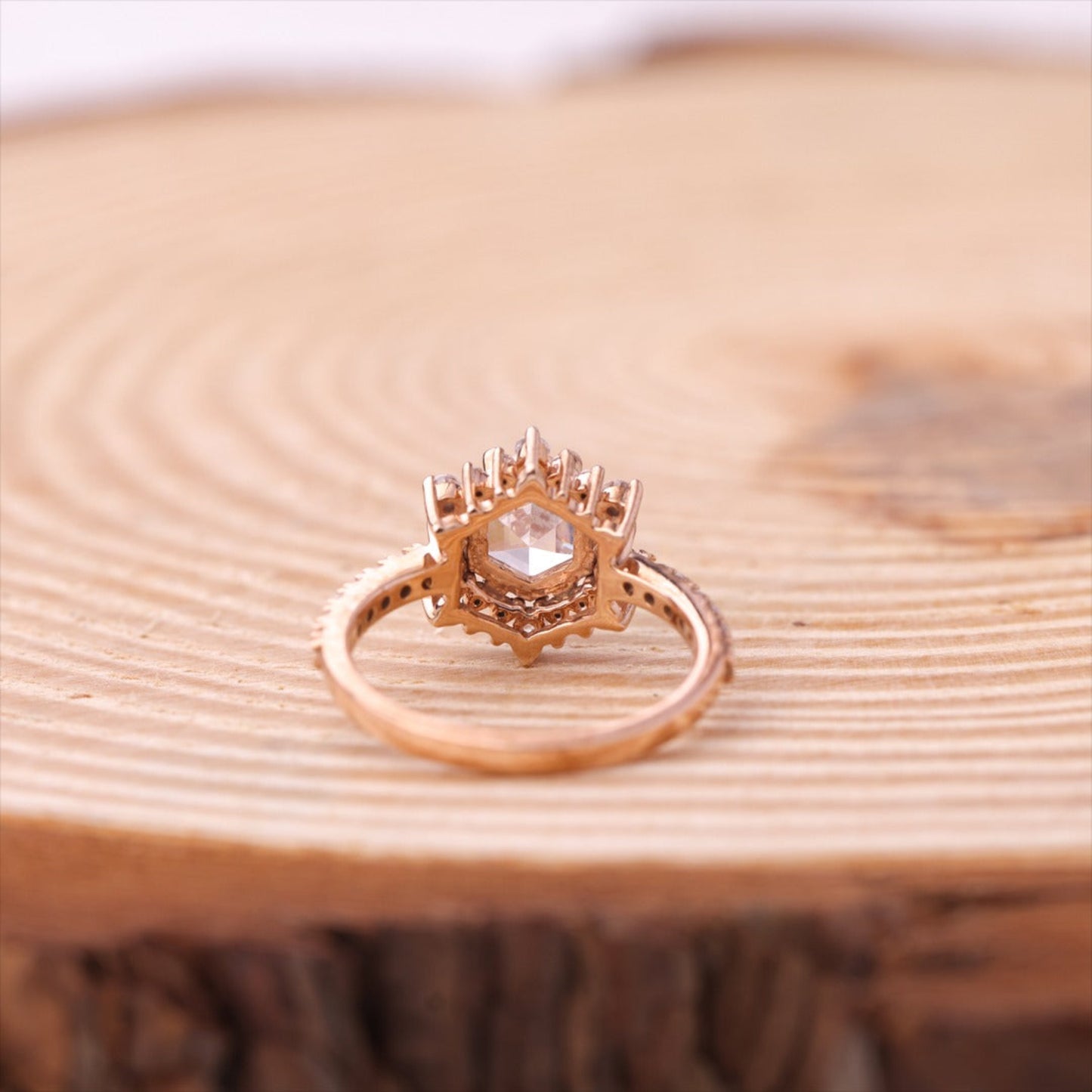 Elegant Asscher Moissanite Ring, Hexagon Halo Rose Gold Engagement Fine Jewelry