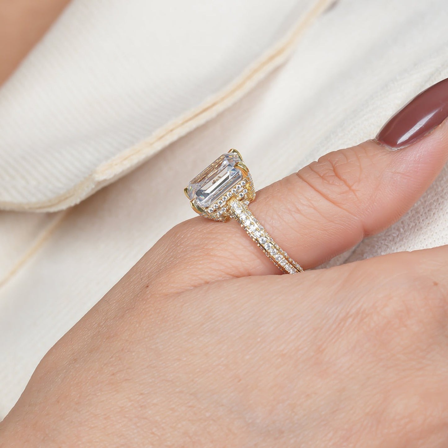 Emerald Moissanite Ring, 3.50 ct Pavé Band Rose Gold Engagement Fine Jewelry With Sparkle