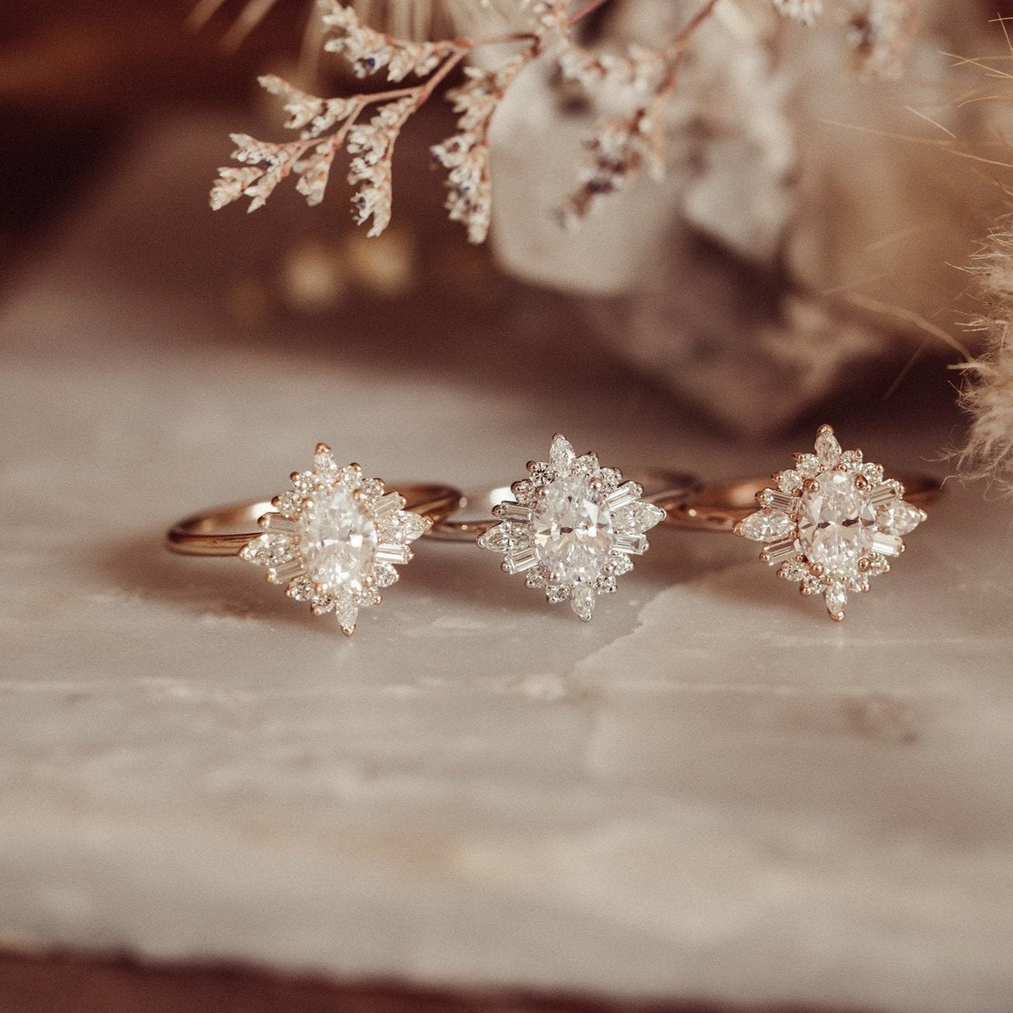Engagement Oval Cut Ring, Moissanite Marquise & Baguette 14K Gold Fine Jewelry With Sparkle