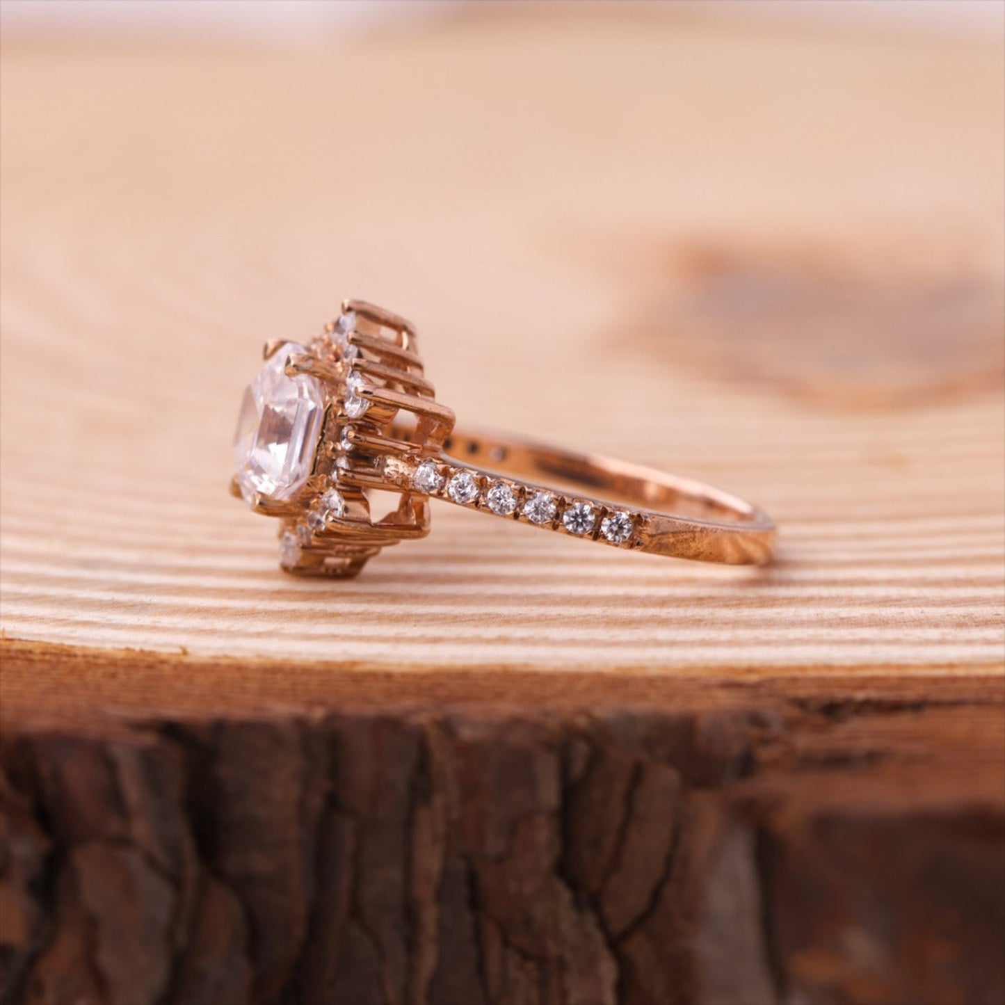 Asscher Cut Hexagon Moissanite Ring, Rose Gold Engagement Fine Jewelry With Glamour