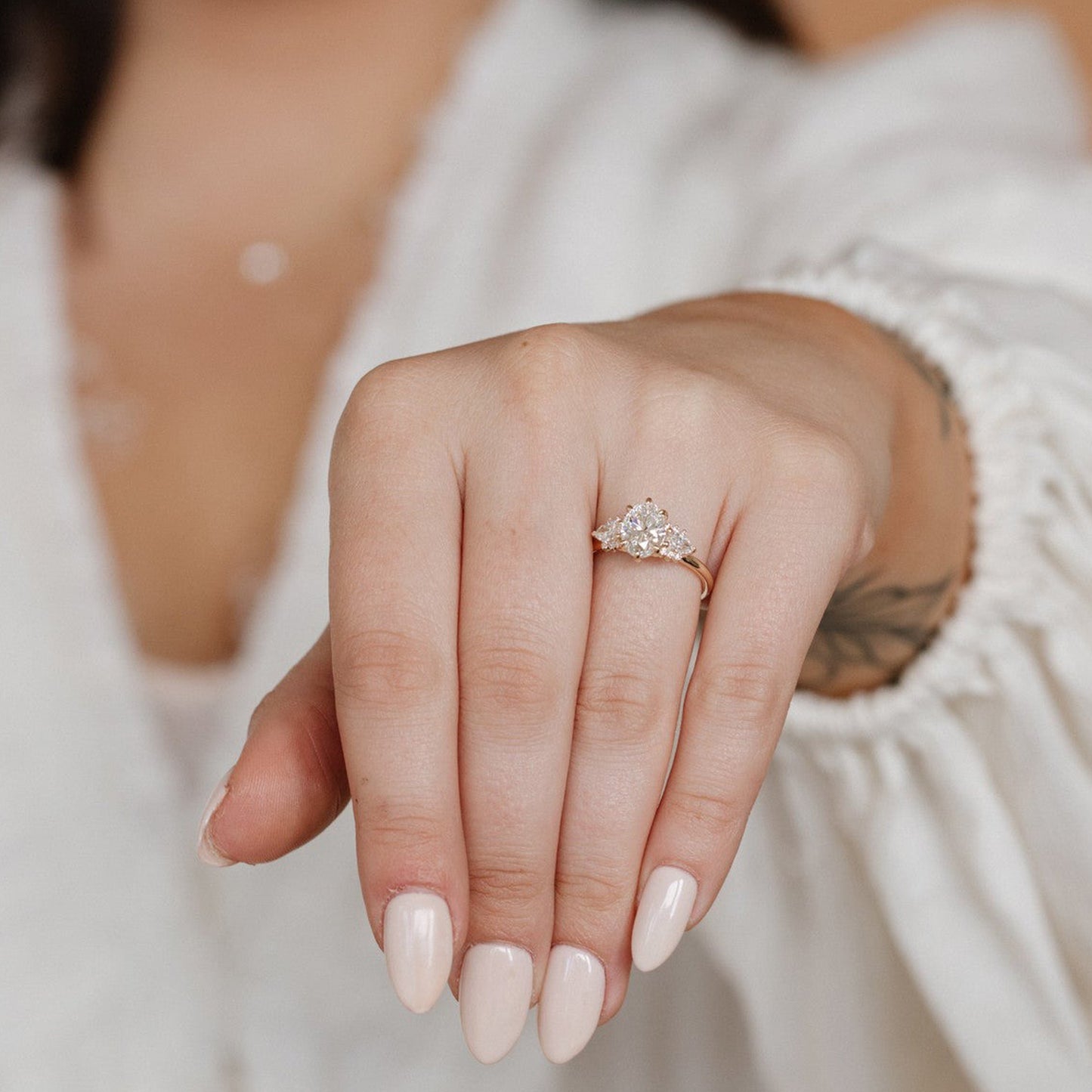 Three Stone Oval Moissanite Engagement Ring, 10K Rose Gold Promise Ring Fine Jewelry With VVS1 Clarity
