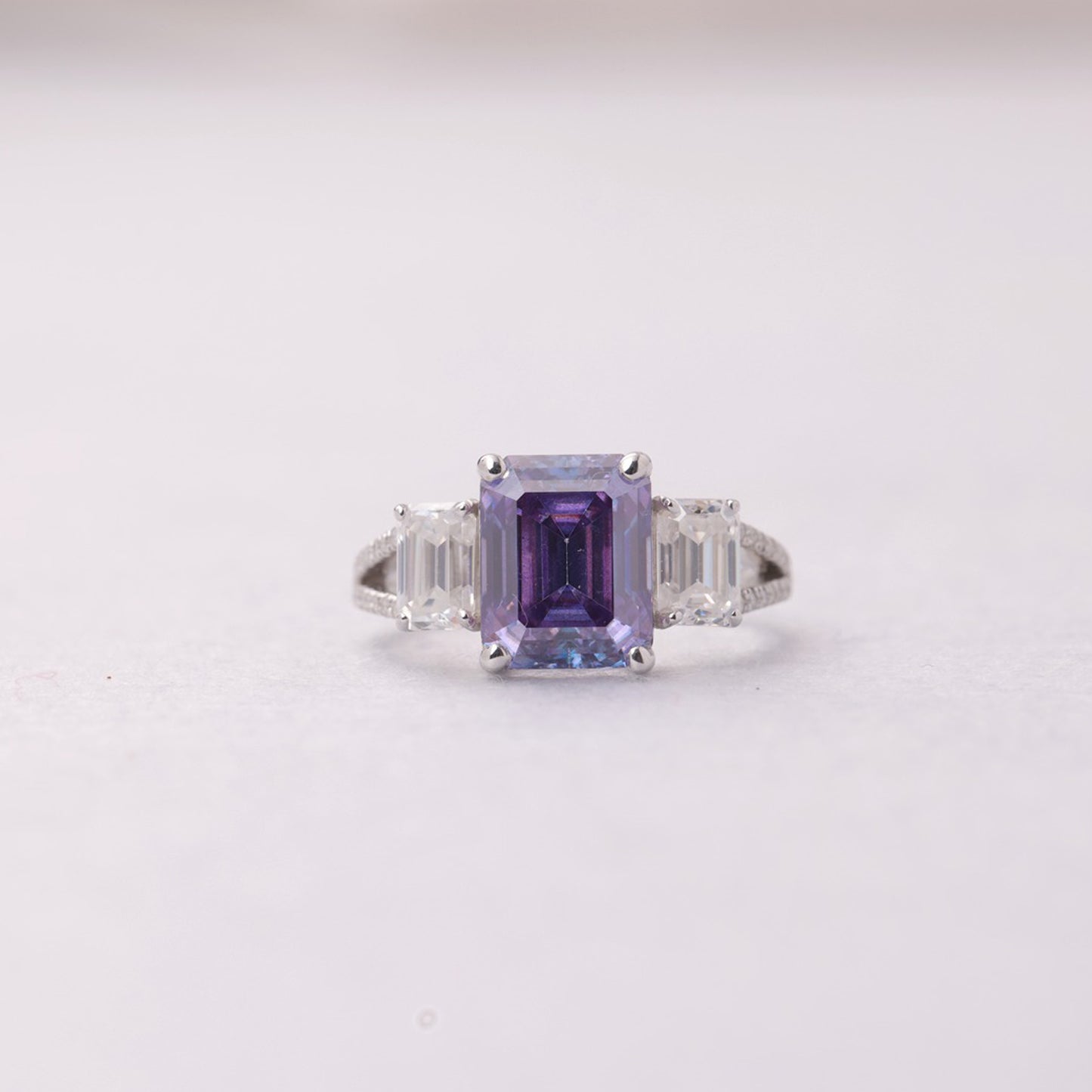Moissanite Purple Stone Ring, Three-Stone White Gold Engagement Fine Jewelry With Romantic Appeal