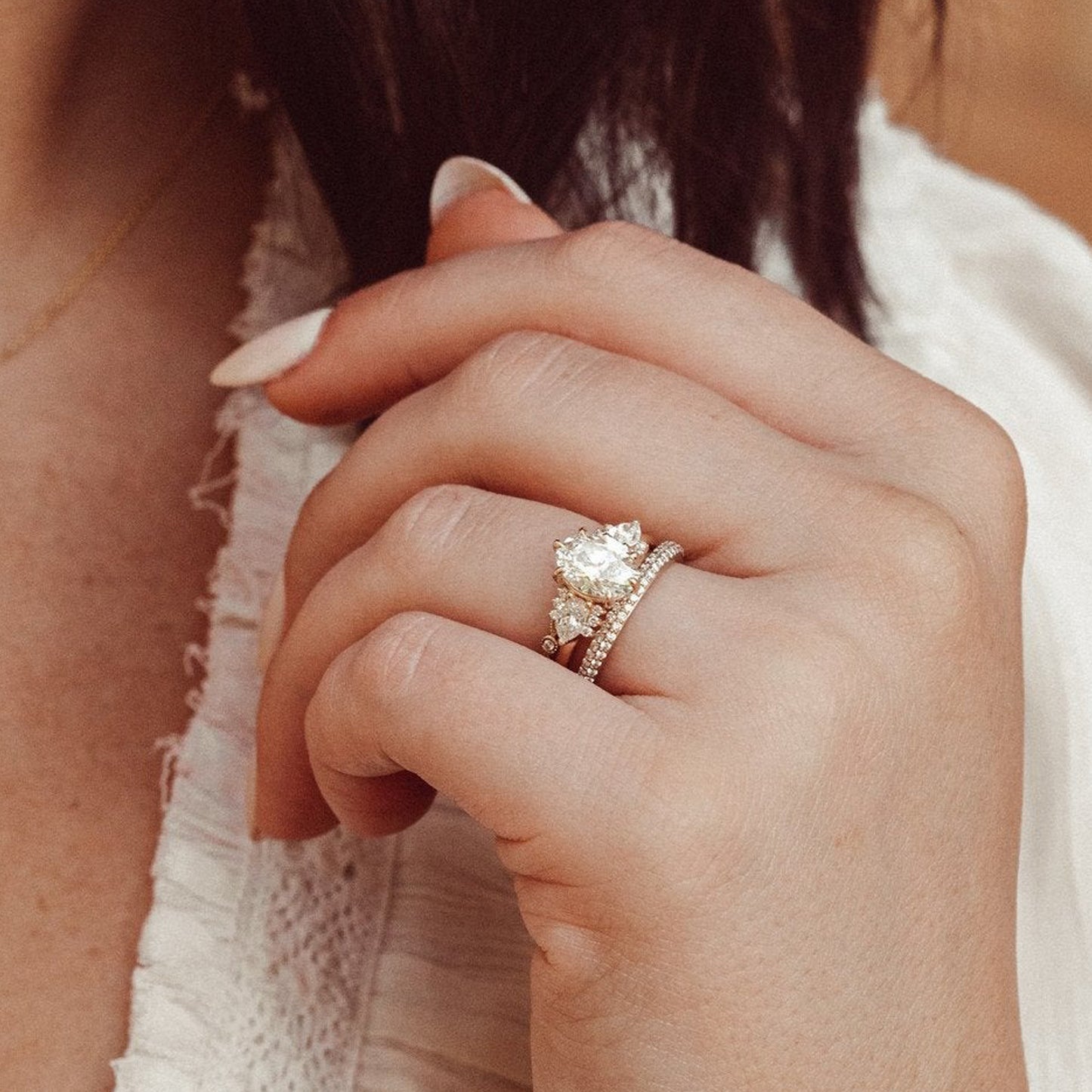 Moissanite Three Stone Oval Ring, 10K Rose Gold Engagement Promise Fine Jewelry With Elegant Design