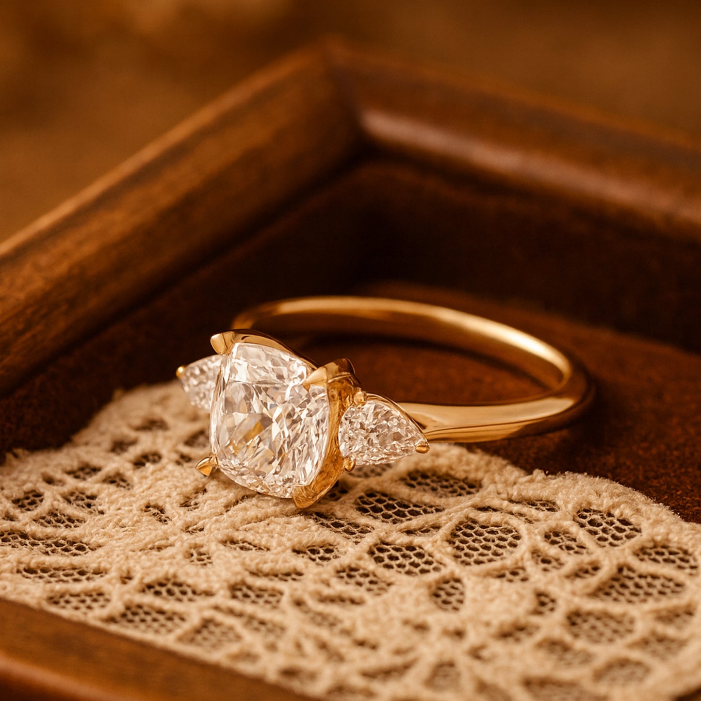 Brilliant Cushion Cut Moissanite Engagement Ring In Yellow Gold With Pear Side Accents And Timeless Design